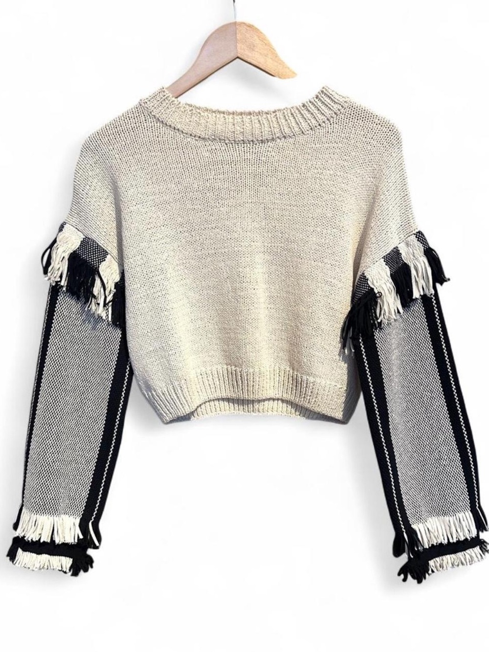 3.1 Phillip Lim Cream Cropped Sweater with Black & Cream Fringe Sleeves